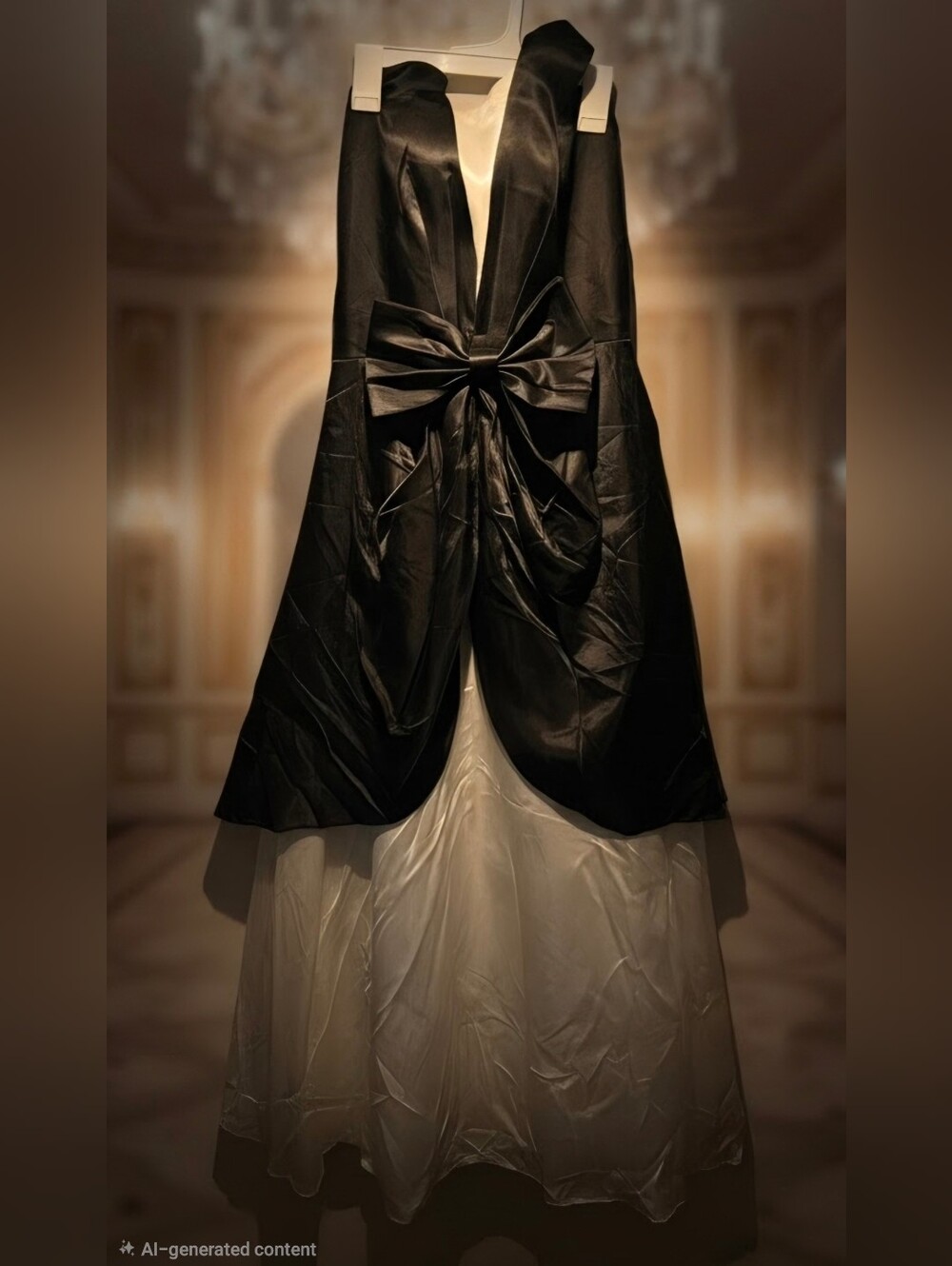 Vintage Roberta Bridal Black and Ivory Two-Tone Bow-Back Prom Gown
